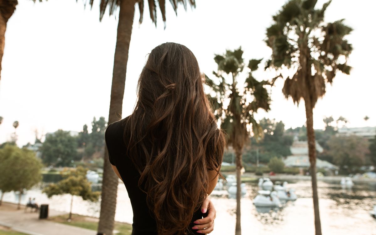 Back view of a woman with long hair standing by a lake with scenic palm trees.