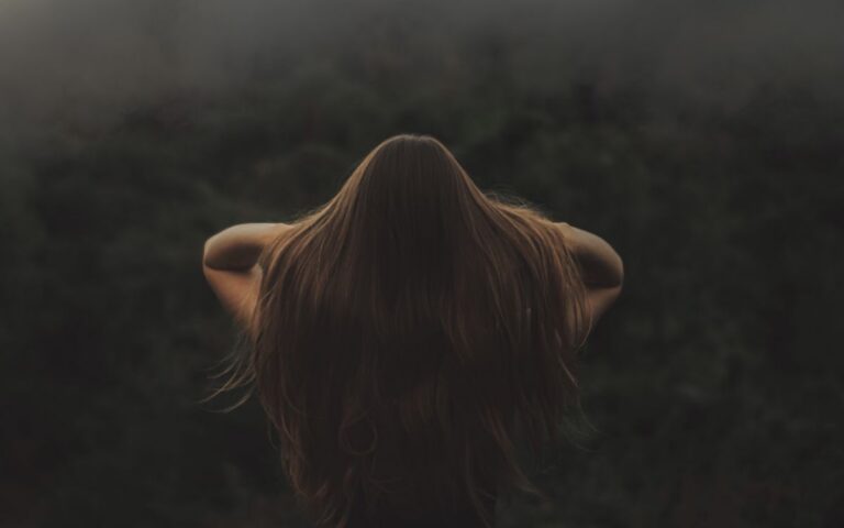 Back view of a woman with long hair, standing in a misty forest.